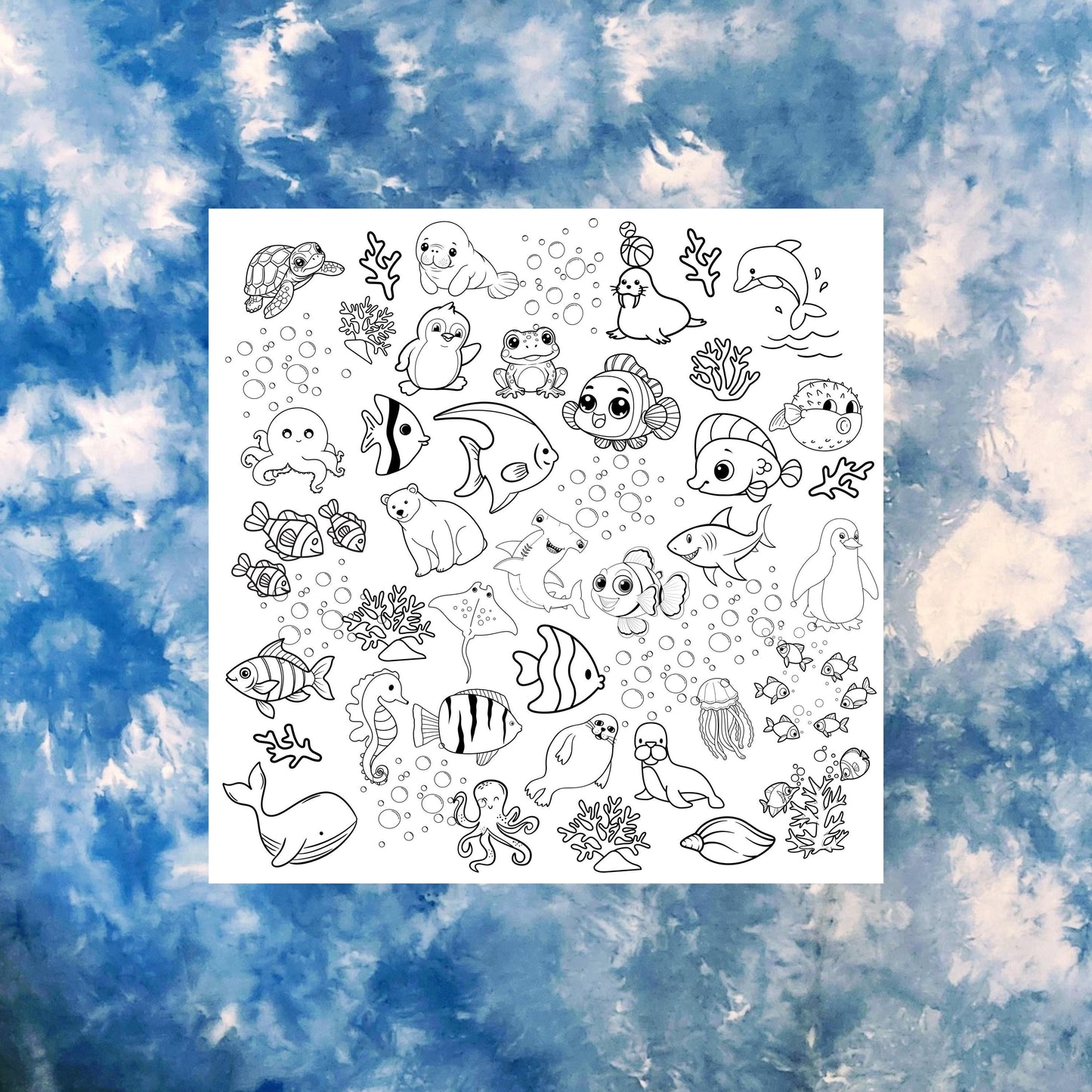 A grouping of outlines animals at an aquarium ready to be colored, There are various fish, sharks, stingray, frogs, penguin, polar bear, walrus, turtle and whale accented by shells, coral and water bubbles to make up this playful, whimsical design.