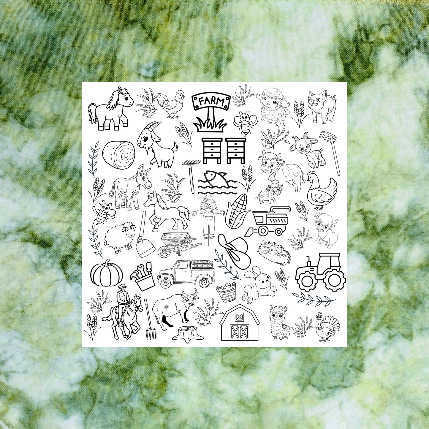 Farm Animals panel placed on top of green marble hand dyed fabric for inspiration. This grouping of farm animal outlines is ready to be colored if you wish. Use the fabric piece as a canvas for the artist then wash and reuse. There are cows, horses, honey bees, pigs, goats, sheep, chickens and turkey. And don't things grown on the farm like corn, wheat, hay, produce and even pumpkins.