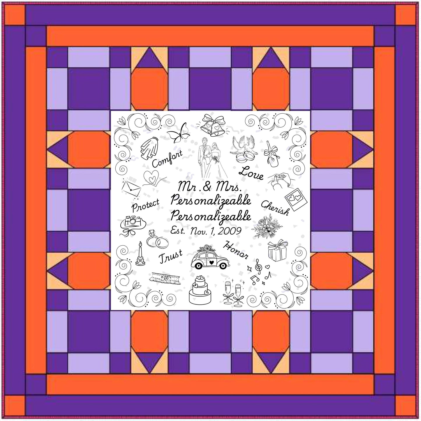 Personalized Wedding Quilt Panel: Mr. & Mrs. Cotton Fabric, Multi-Gender