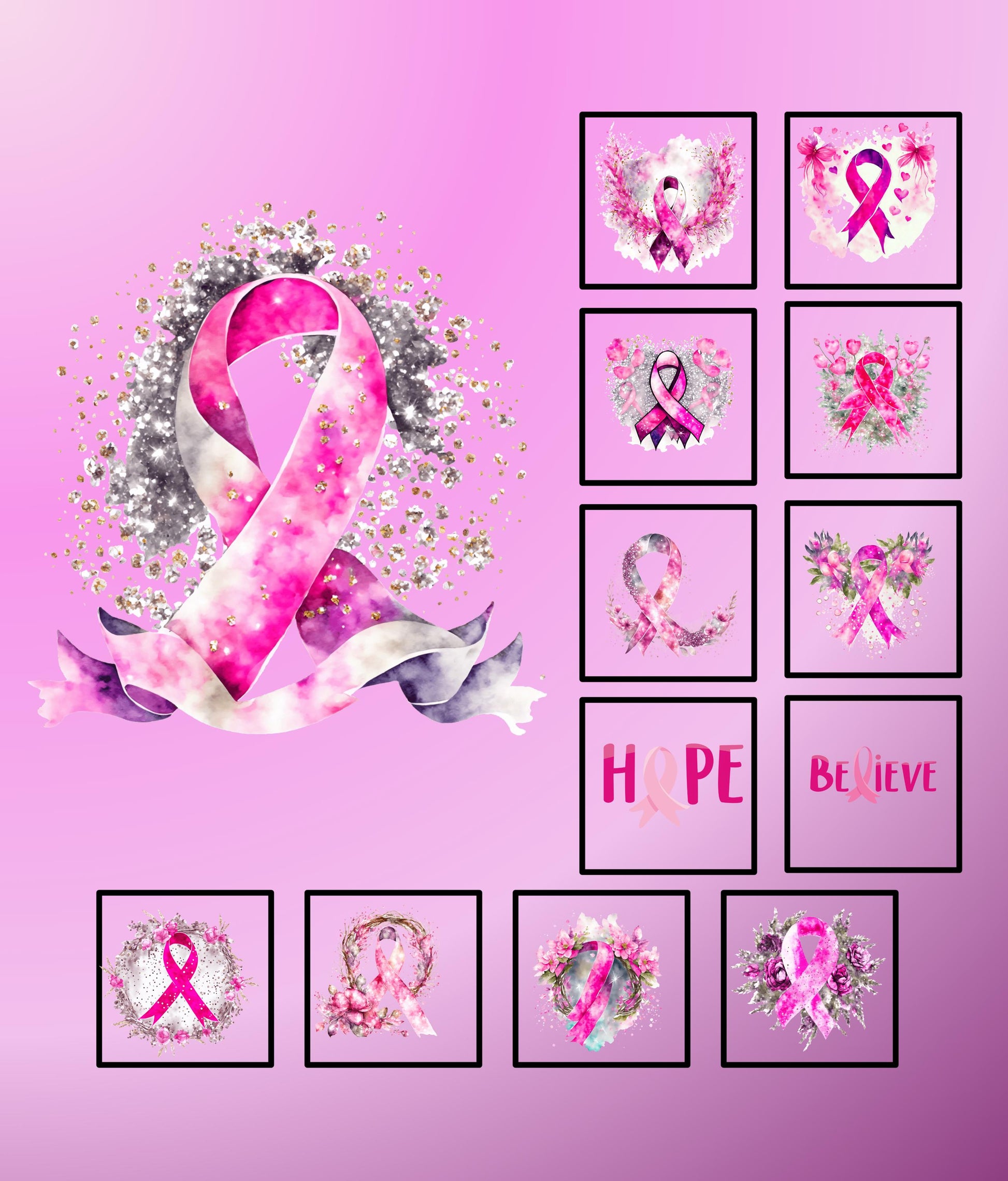 Image on the left side of the fabric features a pink ribbon, symbol for breast cancer awareness. Ribbon is watercolor style in several shades of pink with a metallic sheen. Small blocks, each have a different image similar to the focal image. 2 of the squares have the words Hope and Believe.