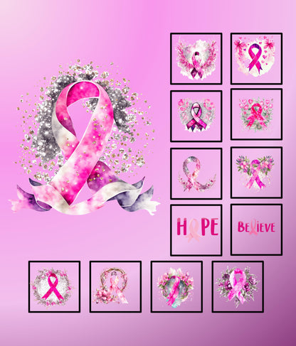 Image on the left side of the fabric features a pink ribbon, symbol for breast cancer awareness. Ribbon is watercolor style in several shades of pink with a metallic sheen. Small blocks, each have a different image similar to the focal image. 2 of the squares have the words Hope and Believe.