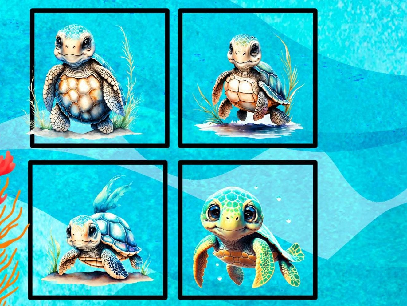 This picture of 4 of the blocks has different cartoonish turtle(s) in similar colors.