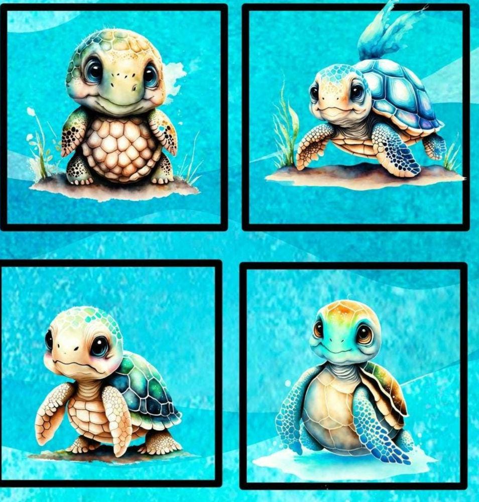 This picture of 4 more of the blocks has different cartoonish turtle(s) in similar colors.