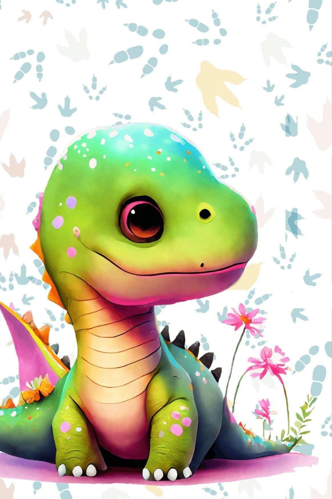 Playful and child friendly baby dino picture on the left in bright but vivid colors of several shades of green, yellows and pinks. Cartoonish style. Small blocks, each have a different image similar to the focal image.