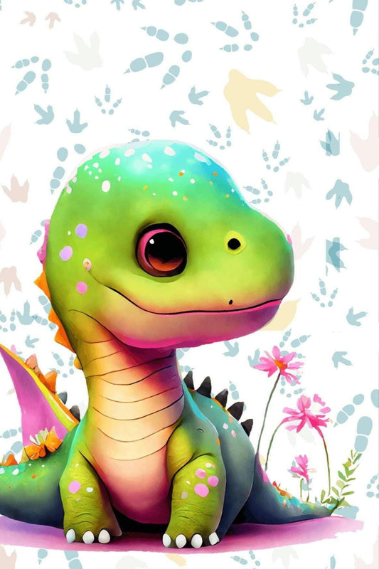 Playful and child friendly baby dino picture on the left in bright but vivid colors of several shades of green, yellows and pinks. Cartoonish style. Small blocks, each have a different image similar to the focal image.