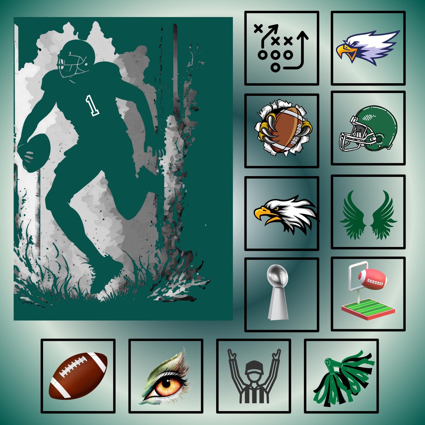 Football Player in Green, Quilt Panel & Blocks: Green Football Team