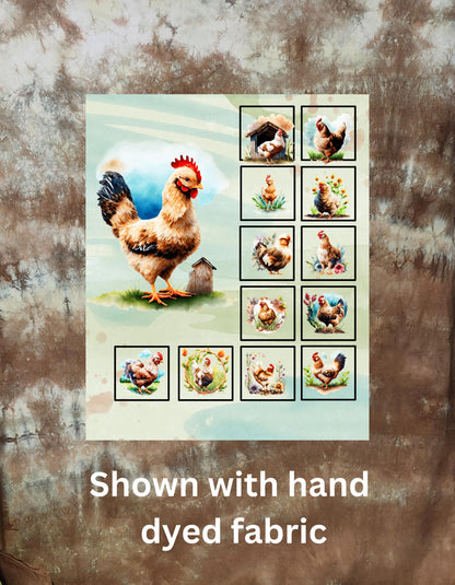 Chicken Farm Quilt Panel and Blocks: Poultry Cotton Fabric, Chickens Fabric