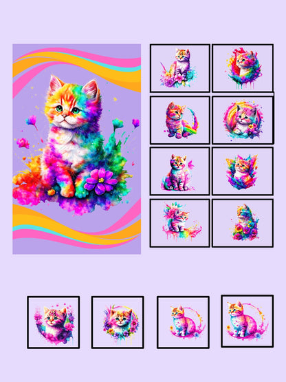 Playful, realistic kittens in a variety of poses make up this rainbow colored design with a purple/lavender background. One larger panel on the left and 12 blocks, each with different kitten and pose.