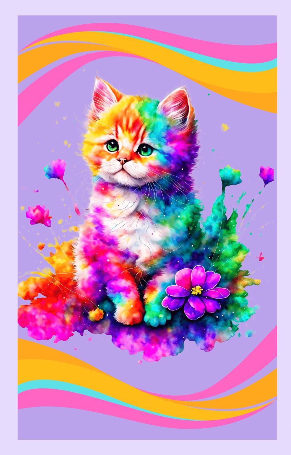 Playful, realistic kitten in a bed of flowers make up this rainbow colored design with a purple/lavender background.
