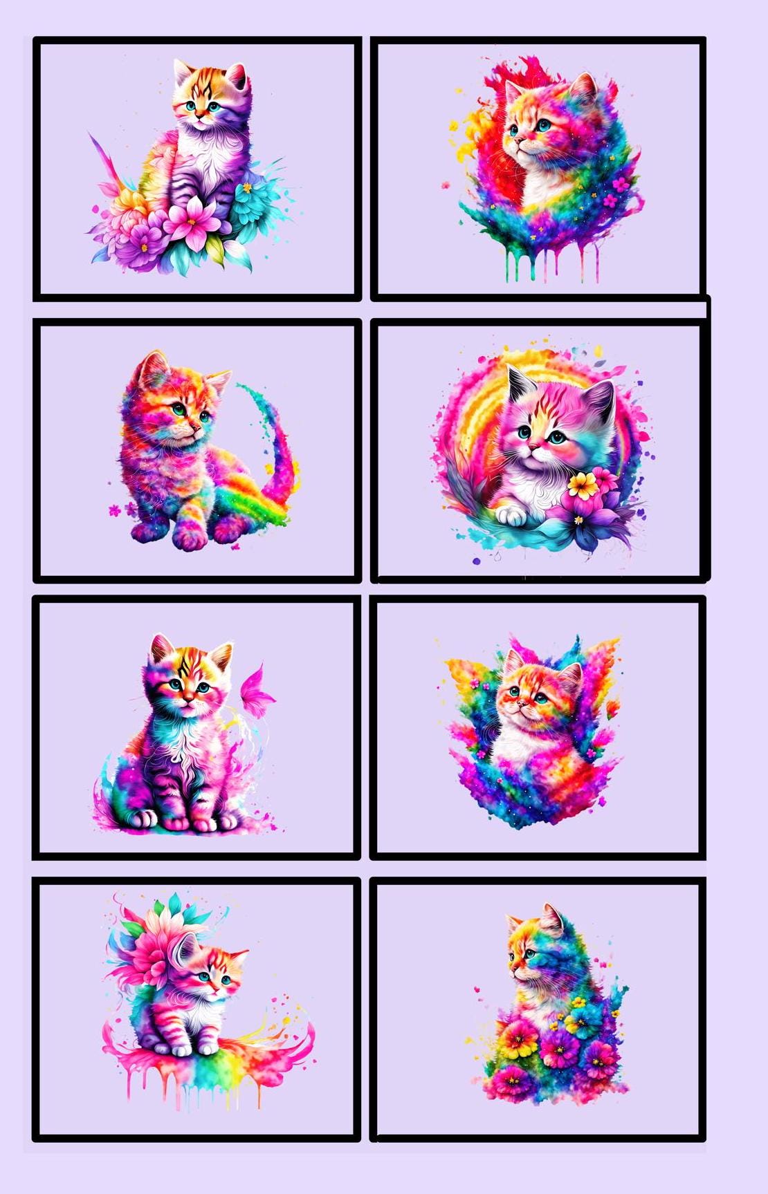 Playful, realistic kittens in a variety of poses make up this rainbow colored design with a purple/lavender background. 8 of the 12 blocks.