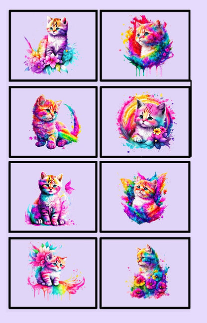 Playful, realistic kittens in a variety of poses make up this rainbow colored design with a purple/lavender background. 8 of the 12 blocks.
