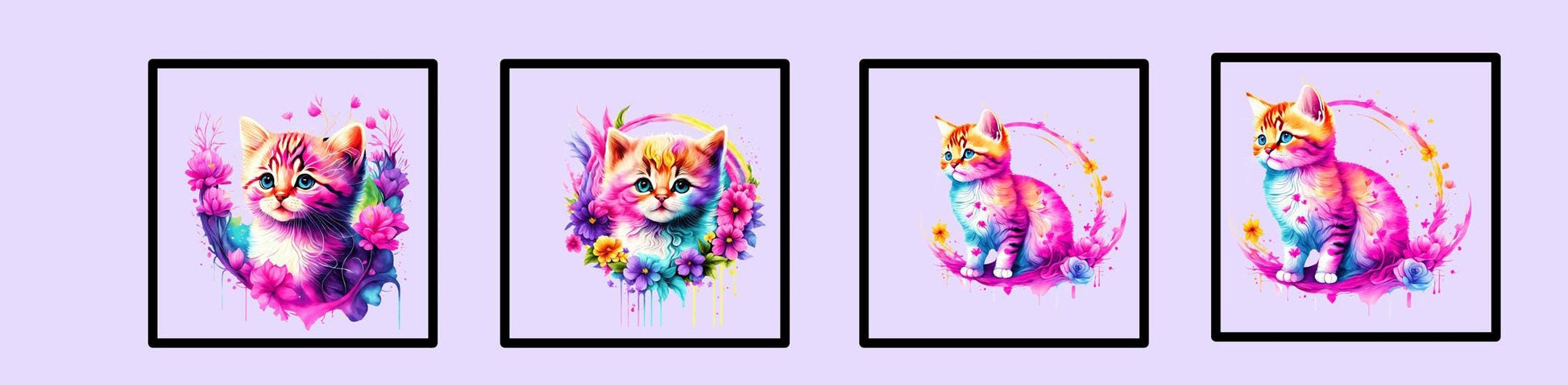Playful, realistic kittens in a variety of poses make up this rainbow colored design with a purple/lavender background. 4 of the 12 blocks, each with different poses.