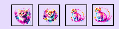 Playful, realistic kittens in a variety of poses make up this rainbow colored design with a purple/lavender background. 4 of the 12 blocks, each with different poses.