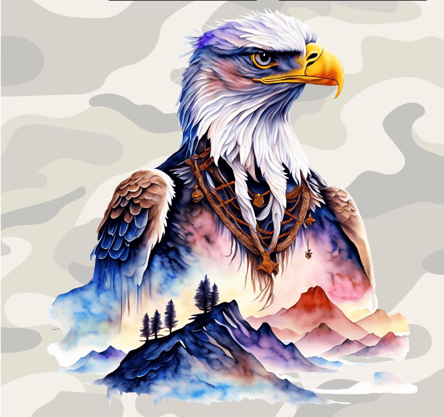 Realistic illustration of an Eagle with white head, yellow beak, with detailed brown and white feathers. Inside the eagle  silhouette is a landscape with mountains and trees creating a double exposure look. Blocks around the eagle each have a different image similar to the focal image. These feature different military/patriotic artwork. The subtle background is a camouflage pattern in light cream and tans.