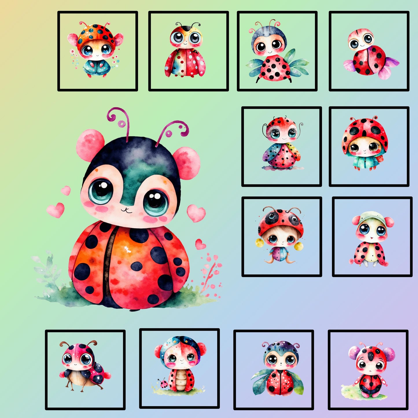These cute and adorable cartoonish ladybugs with big eyes make up this fabric design. These colorful ladybugs have different poses, outfits and facial expressions.