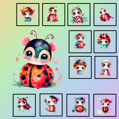 These cute and adorable cartoonish ladybugs with big eyes make up this fabric design. These colorful ladybugs have different poses, outfits and facial expressions.