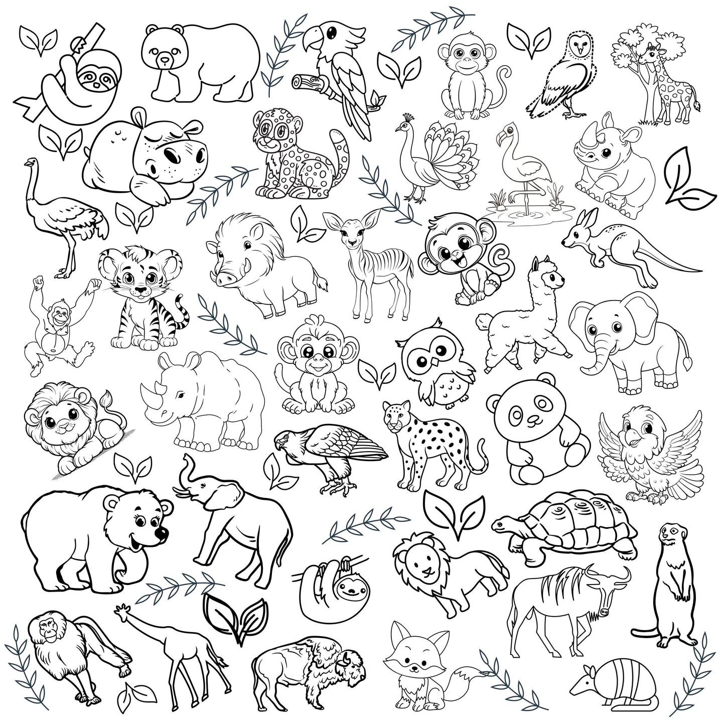 Dynamic and engaging, numerous zoo animals packed together on this fabric ready to be colored.