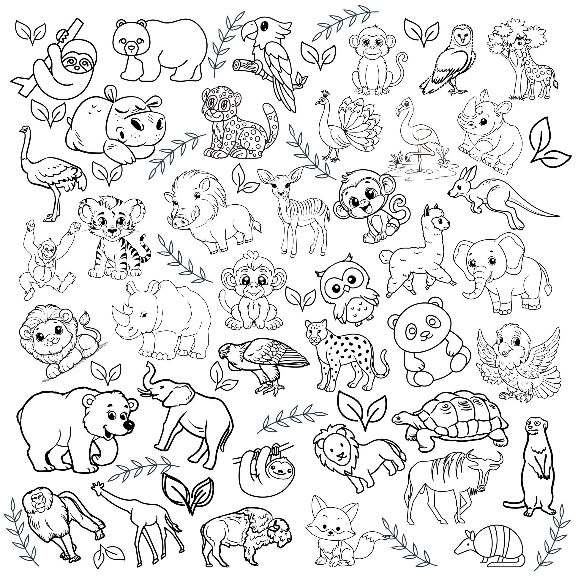 Dynamic and engaging, numerous zoo animals packed together on this fabric ready to be colored.