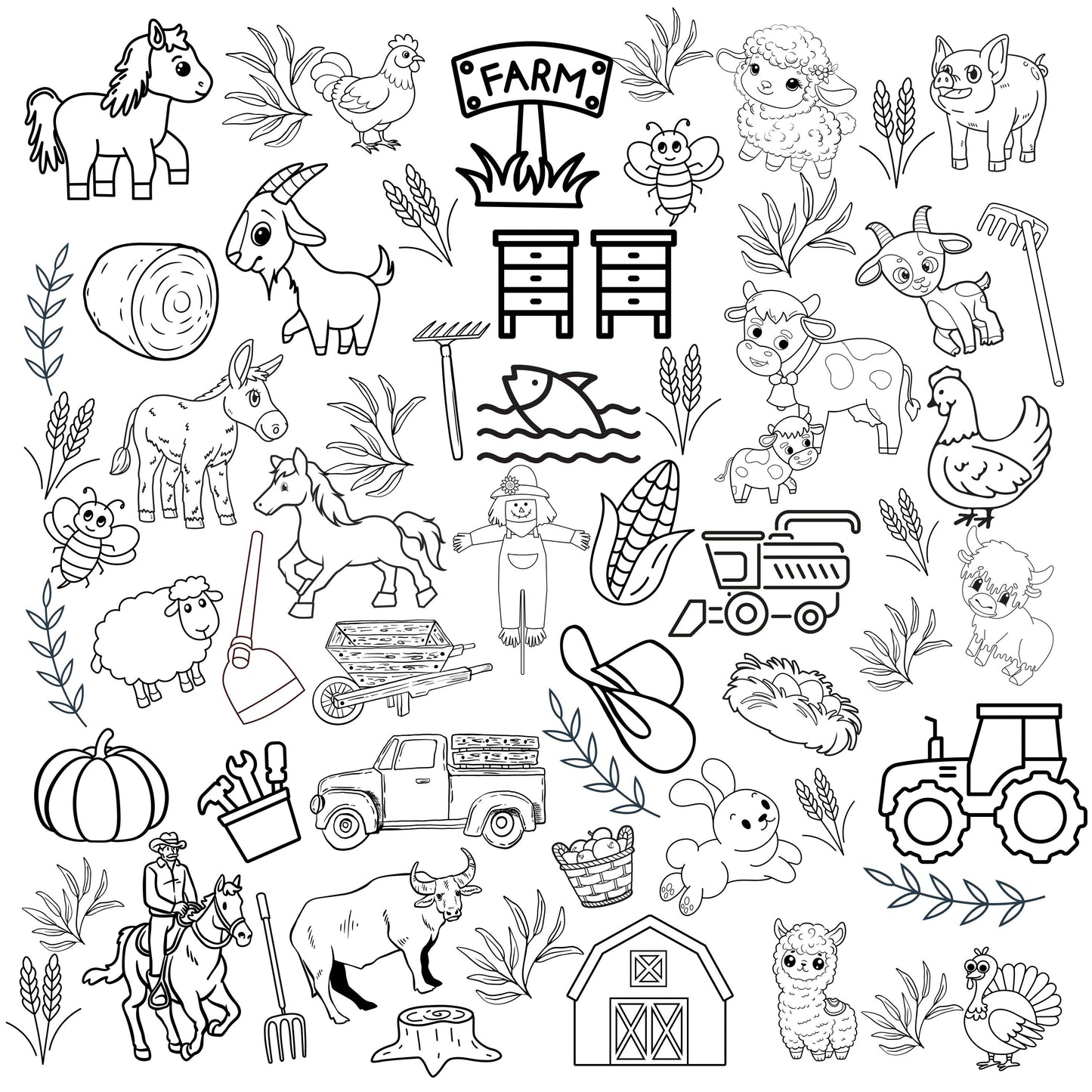 This grouping of farm animal outlines is ready to be colored if you wish. Use the fabric piece as a canvas for the artist then wash and reuse. There are cows, horses, honey bees, pigs, goats, sheep, chickens and turkey. And don&#39;t things grown on the farm like corn, wheat, hay, produce and even pumpkins.