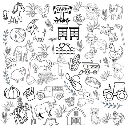This grouping of farm animal outlines is ready to be colored if you wish. Use the fabric piece as a canvas for the artist then wash and reuse. There are cows, horses, honey bees, pigs, goats, sheep, chickens and turkey. And don&#39;t things grown on the farm like corn, wheat, hay, produce and even pumpkins.