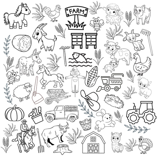 This grouping of farm animal outlines is ready to be colored if you wish. Use the fabric piece as a canvas for the artist then wash and reuse. There are cows, horses, honey bees, pigs, goats, sheep, chickens and turkey. And don&#39;t things grown on the farm like corn, wheat, hay, produce and even pumpkins.