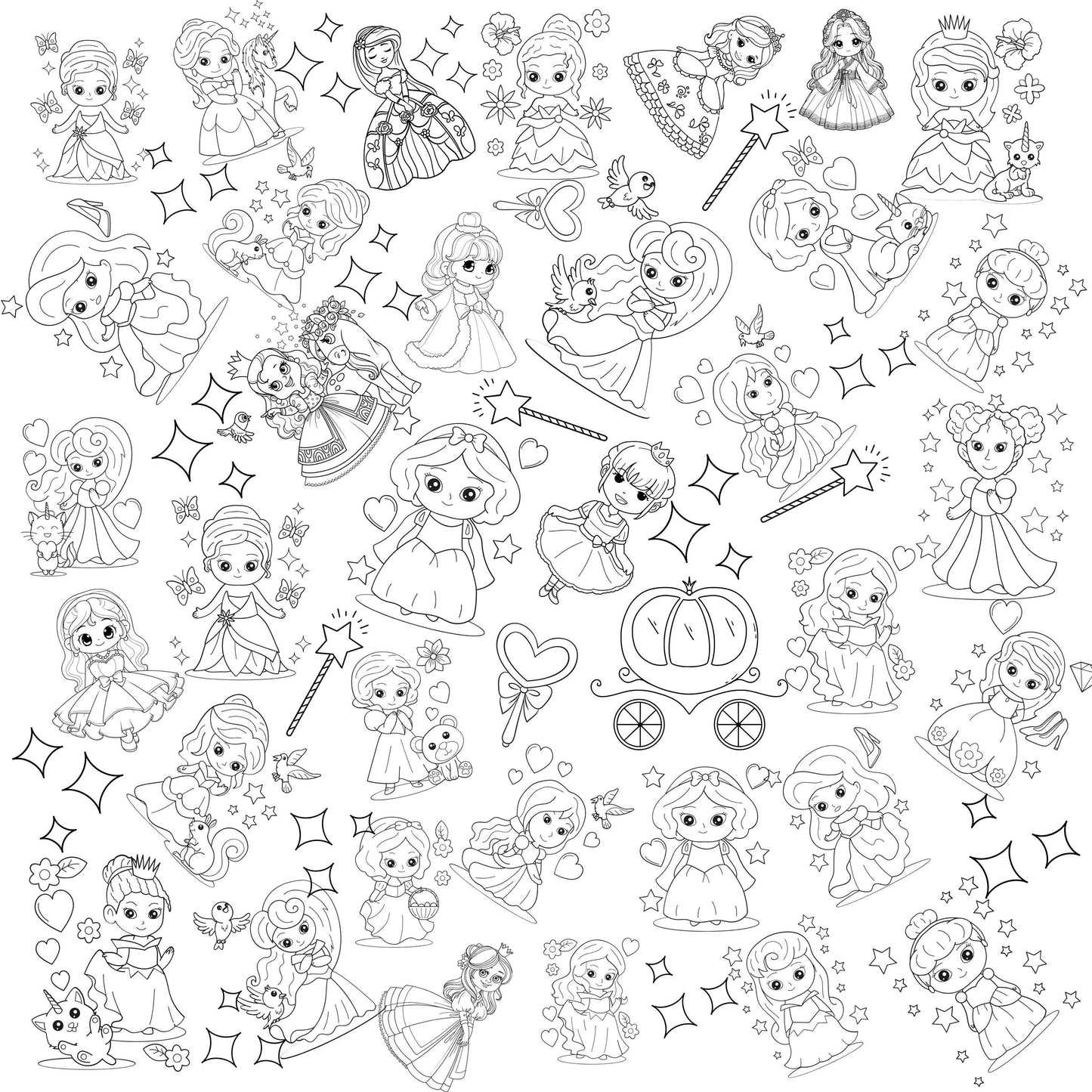 A black and white densely packed group of princess outlines ready to be colored. The young princesses are in various positions,  directions, facial expressions and outfits creating a playful whimsical and magical grouping. this grouping is accented with stars and wands, even a carriage for the princess world affect.