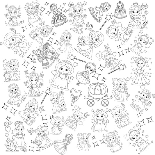 A black and white densely packed group of princess outlines ready to be colored. The young princesses are in various positions,  directions, facial expressions and outfits creating a playful whimsical and magical grouping. this grouping is accented with stars and wands, even a carriage for the princess world affect.