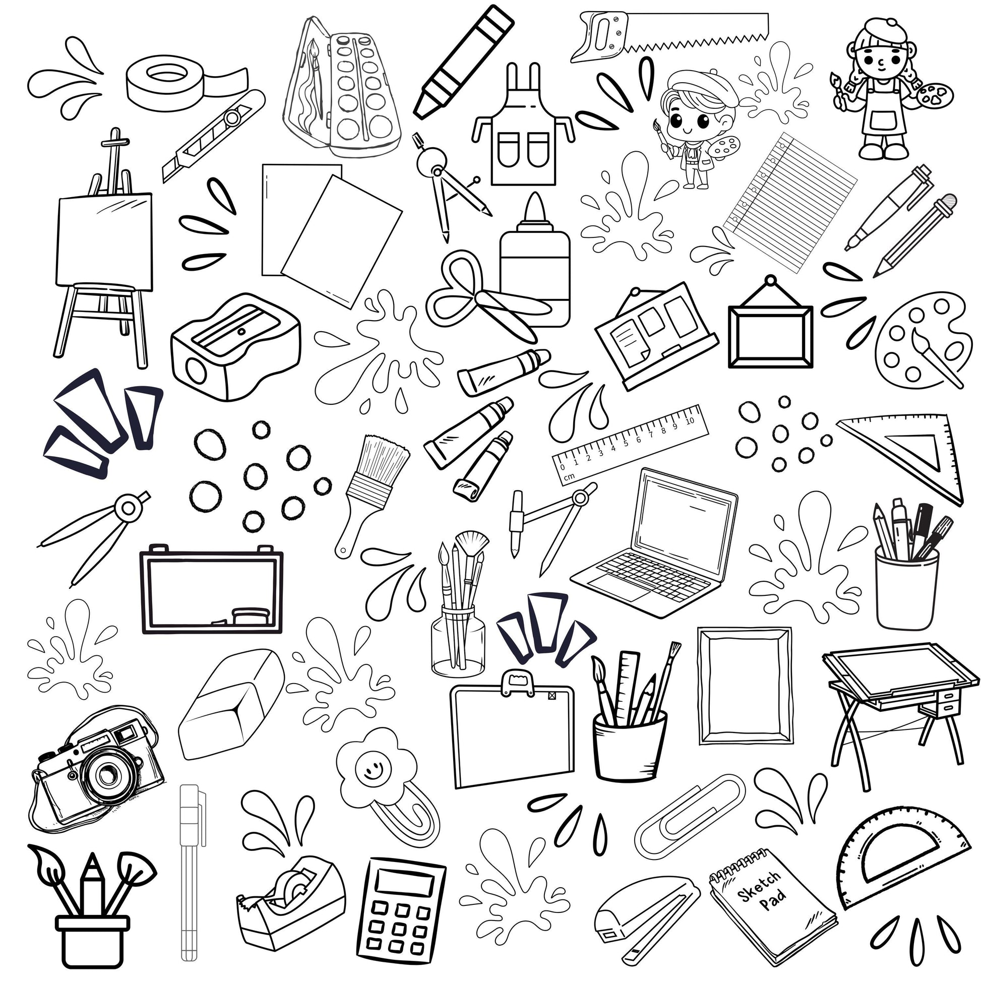 This is a grouping of art supplies for the budding artist. Included are blank canvas, paper, paints, brushes, crayons, pens and pencils, eisel, tape, clips tape and lots more. This grouping is accented with paint spatters as well as other shapes.