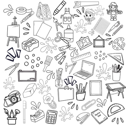 This is a grouping of art supplies for the budding artist. Included are blank canvas, paper, paints, brushes, crayons, pens and pencils, eisel, tape, clips tape and lots more. This grouping is accented with paint spatters as well as other shapes.