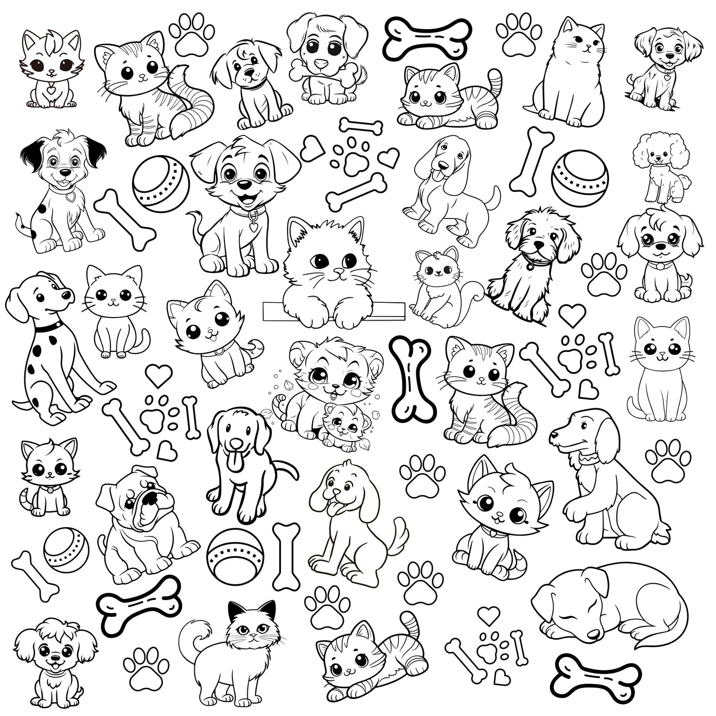 This fun, playful, adorable  and whimsical design includes cat and dog outlines ready to be colored if you wish. There is quite the variety of both cats and dogs. The design is accented with bones, balls and paws. This design on fabric can even be used then washed and reused.