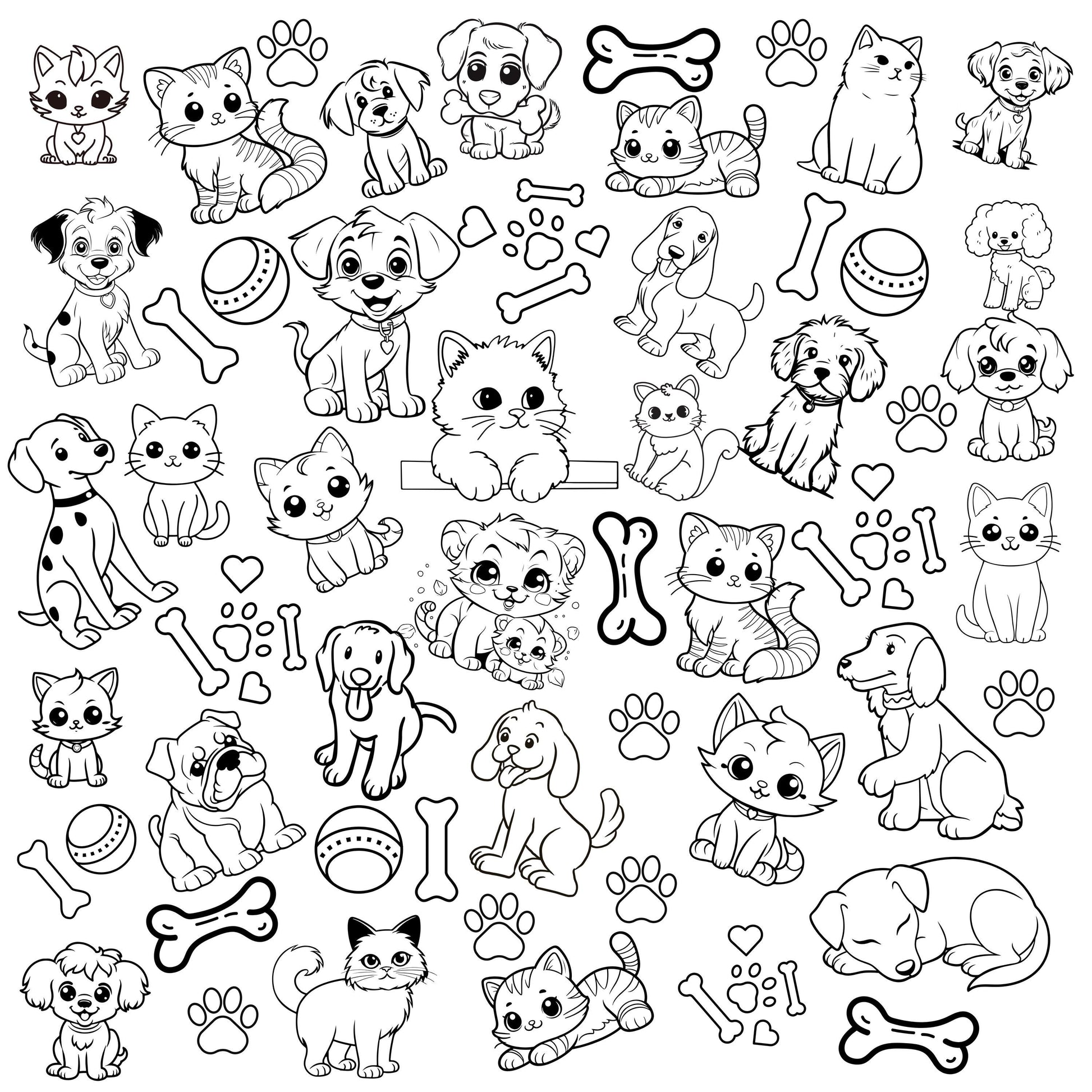 This fun, playful, adorable  and whimsical design includes cat and dog outlines ready to be colored if you wish. There is quite the variety of both cats and dogs. The design is accented with bones, balls and paws. This design on fabric can even be used then washed and reused.