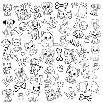 This fun, playful, adorable  and whimsical design includes cat and dog outlines ready to be colored if you wish. There is quite the variety of both cats and dogs. The design is accented with bones, balls and paws. This design on fabric can even be used then washed and reused.