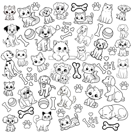 This fun, playful, adorable  and whimsical design includes cat and dog outlines ready to be colored if you wish. There is quite the variety of both cats and dogs. The design is accented with bones, balls and paws. This design on fabric can even be used then washed and reused.