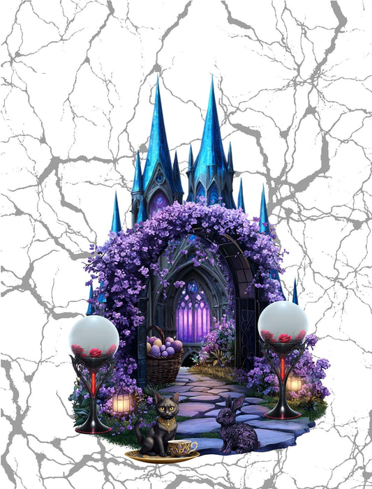 This primarily black castle with purple light shinning thru the windows of the castle compliment the purple gateway arch of flowers and purple flowers adorning the walkway to the castle. The roof of the castle is a teal color pairing nicely with the black and purple gothic style design.  The background is a black and gray almost grapevine looking design.