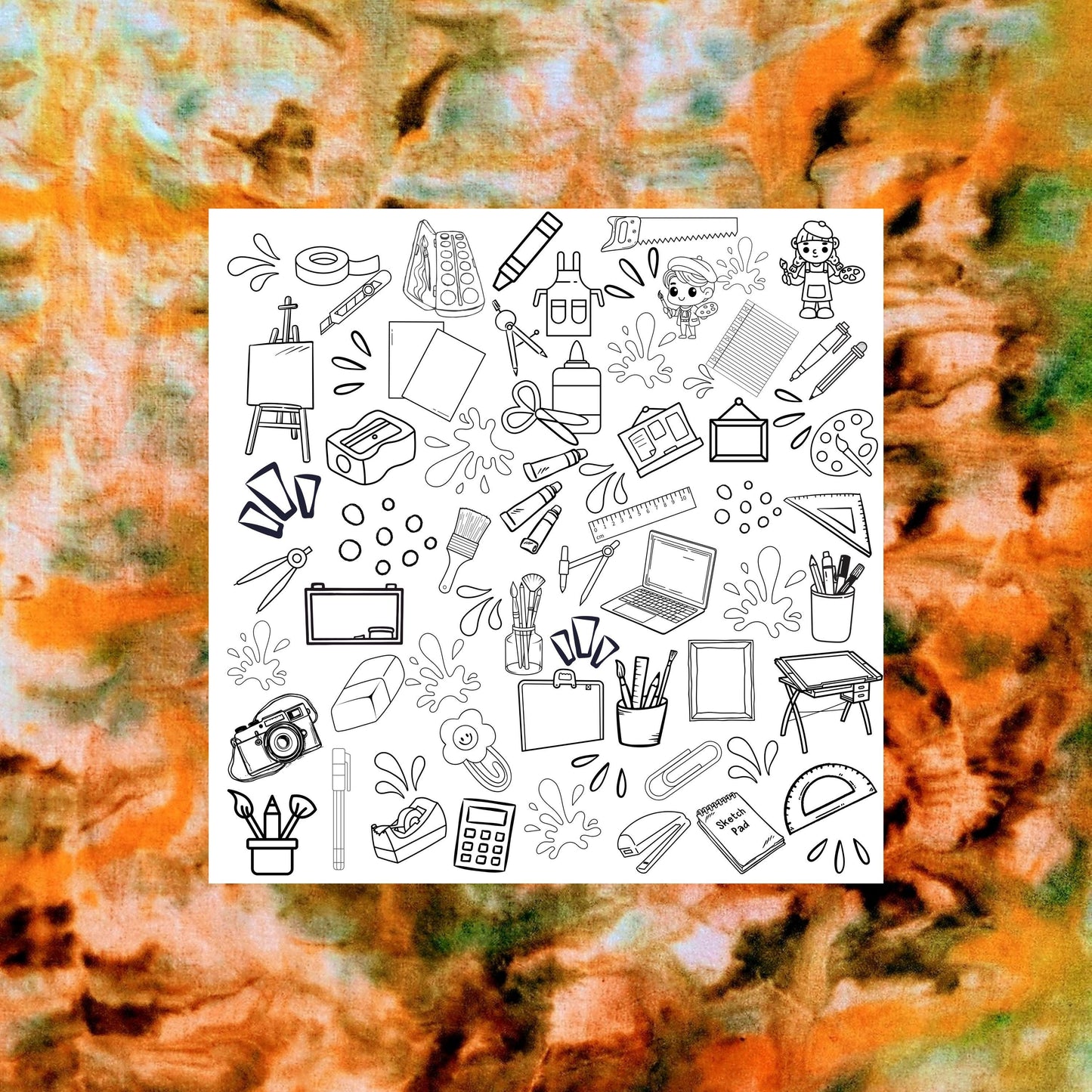 Artist Supply Coloring fabric placed on top of hand dyed fabric for inspiration. This is a grouping of art supplies for the budding artist. Included are blank canvas, paper, paints, brushes, crayons, pens and pencils, eisel, tape, clips tape and lots more. This grouping is accented with paint spatters as well as other shapes.