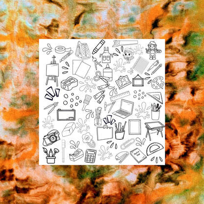 Artist Supply Coloring fabric placed on top of hand dyed fabric for inspiration. This is a grouping of art supplies for the budding artist. Included are blank canvas, paper, paints, brushes, crayons, pens and pencils, eisel, tape, clips tape and lots more. This grouping is accented with paint spatters as well as other shapes.