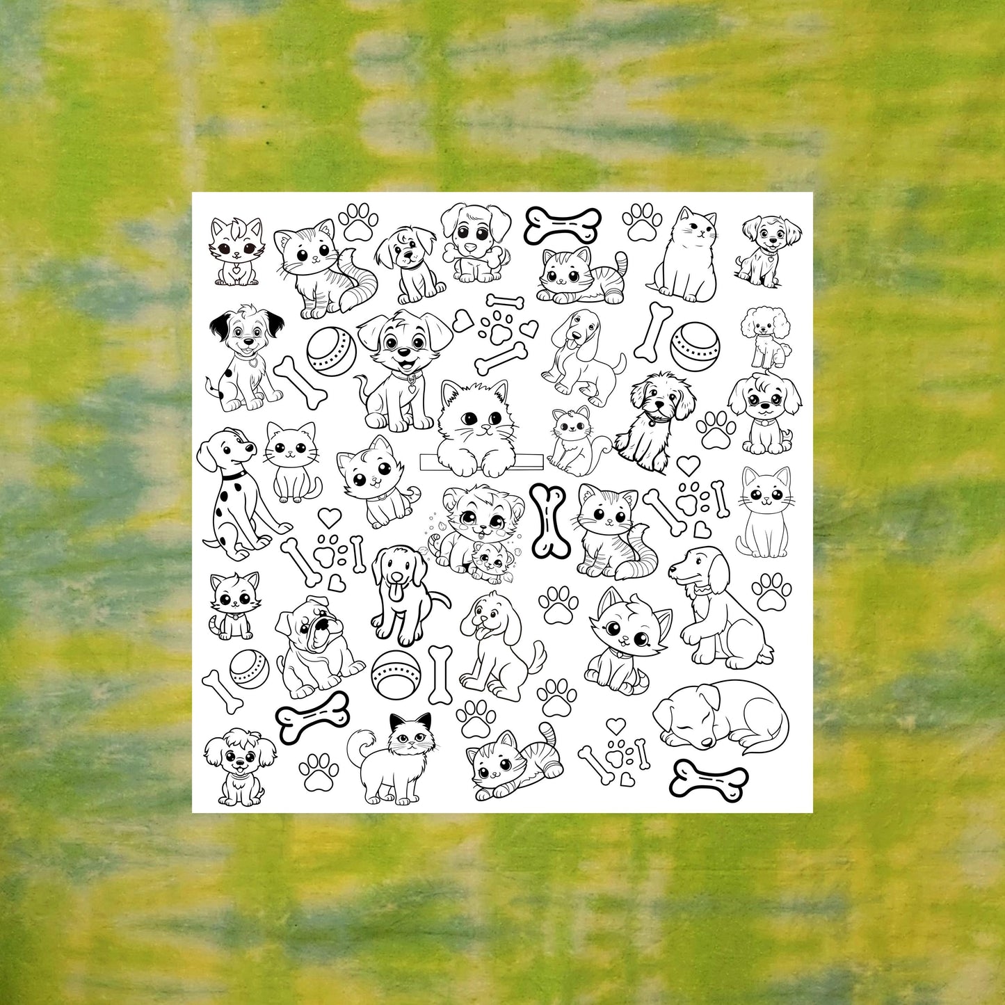 The Furry Friends panel is placed on top of the grassy like hand dyed fabric as inspiration. This fun, playful, adorable  and whimsical design includes cat and dog outlines ready to be colored if you wish. There is quite the variety of both cats and dogs. The design is accented with bones, balls and paws. This design on fabric can even be used then washed and reused.