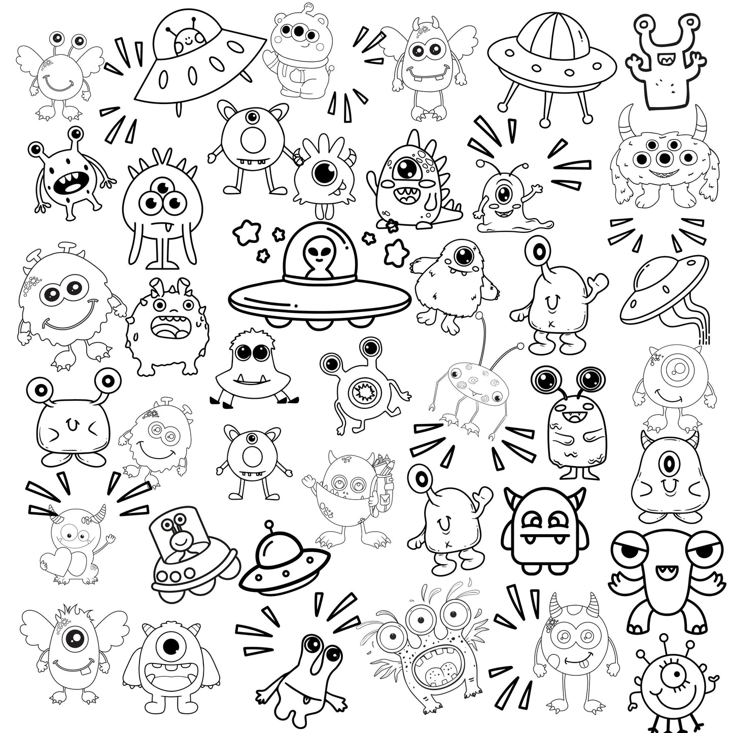 A grouping of outlines aliens ready to be colored. This panel has aliens of all shapes to make up this playful, whimsical design.