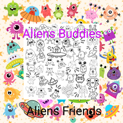 Alien Buddies and Alien Friends laid out together. A grouping of outlines aliens ready to be colored. This panel has aliens of all shapes to make up this playful, whimsical design.