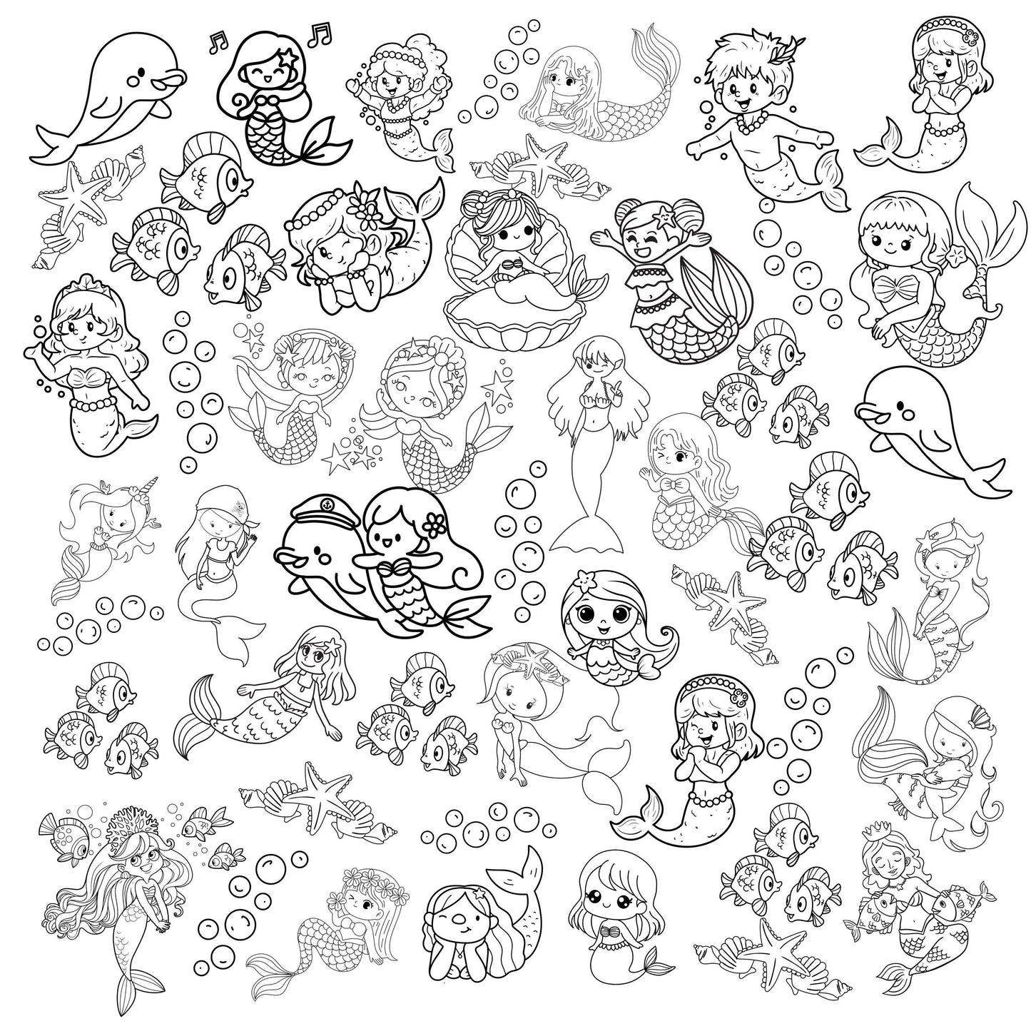 A grouping of whimsical mermaids of different sizes and shapes in a haphazard layout. Accenting this are shells, bubbles, dolphins and fish. Black print on white fabric.