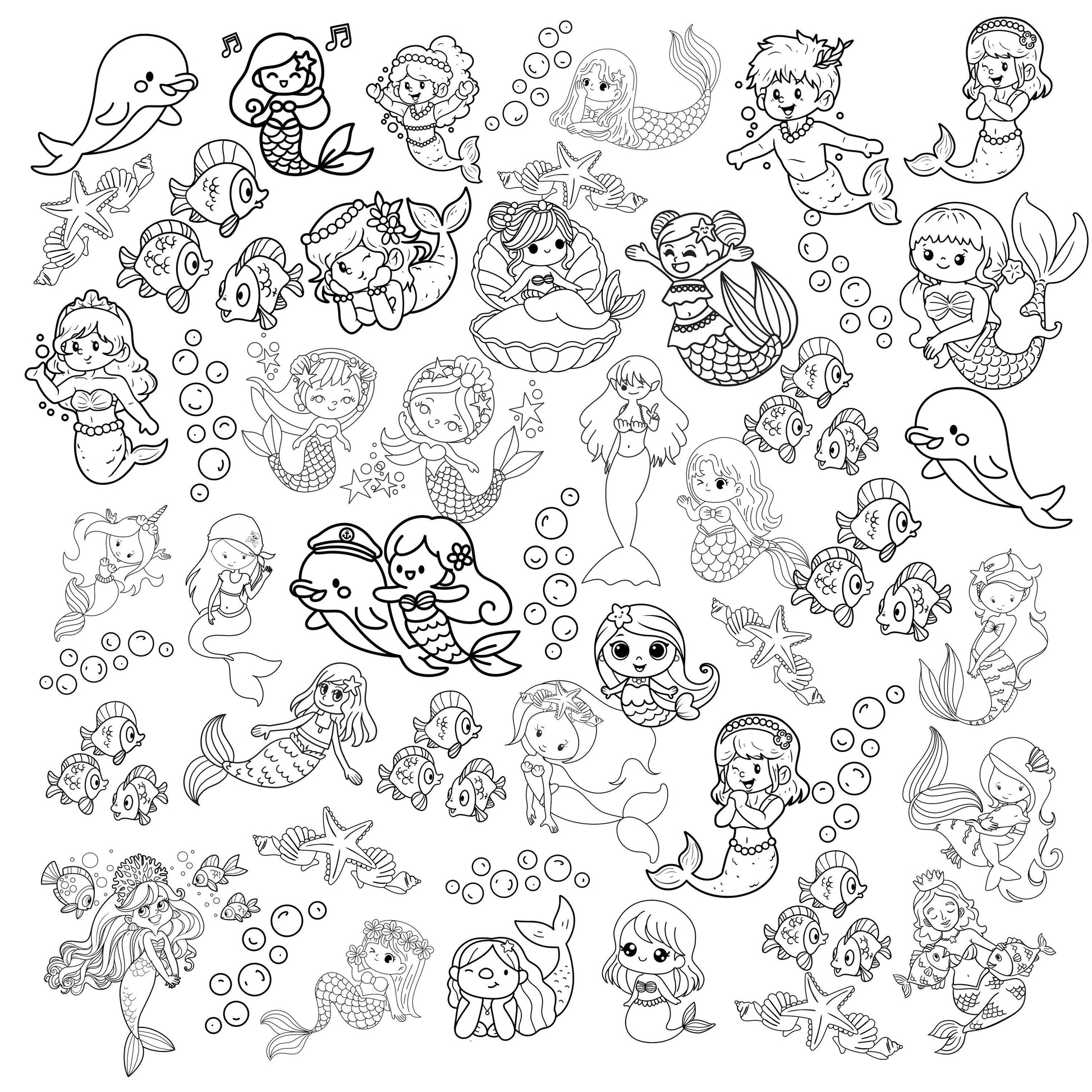 A grouping of whimsical mermaids of different sizes and shapes in a haphazard layout. Accenting this are shells, bubbles, dolphins and fish. Black print on white fabric.