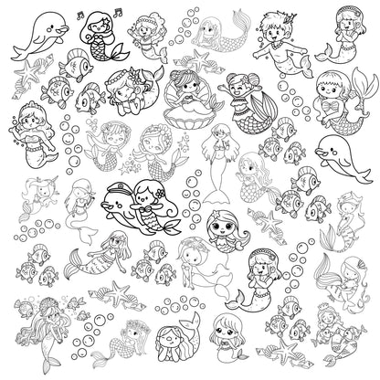 A grouping of whimsical mermaids of different sizes and shapes in a haphazard layout. Accenting this are shells, bubbles, dolphins and fish. Black print on white fabric.