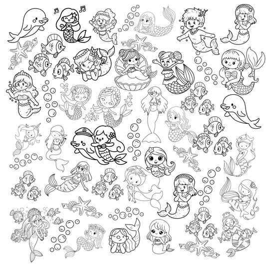 A grouping of whimsical mermaids of different sizes and shapes in a haphazard layout. Accenting this are shells, bubbles, dolphins and fish. Black print on white fabric.