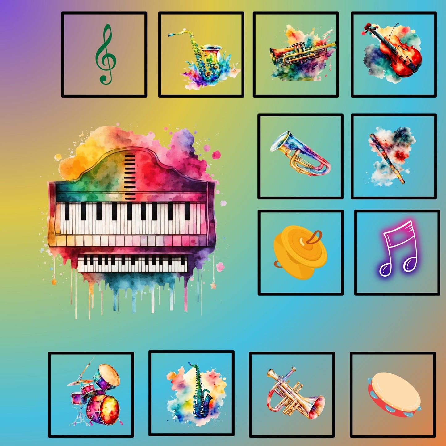 Watercolor-style illustration of a musical instrument or symbol against a solid color gradient background. The panel is a large watercolor-style illustration of a grand piano in the center of the image with vibrant, multicolored splashes.