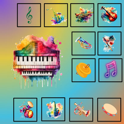 Watercolor-style illustration of a musical instrument or symbol against a solid color gradient background. The panel is a large watercolor-style illustration of a grand piano in the center of the image with vibrant, multicolored splashes.