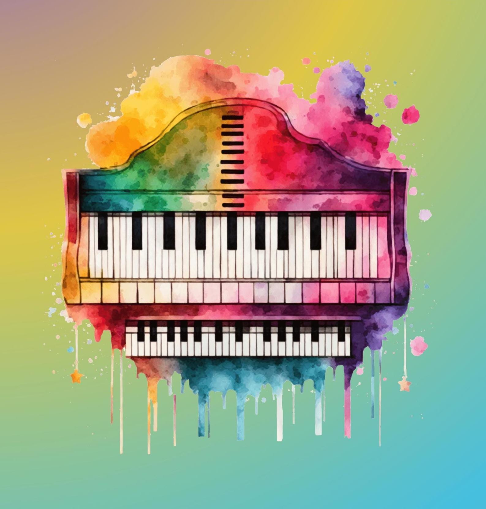 Watercolor-style illustration of a musical instrument or symbol against a solid color gradient background. The panel is a large watercolor-style illustration of a grand piano in the center of the image with vibrant, multicolored splashes.