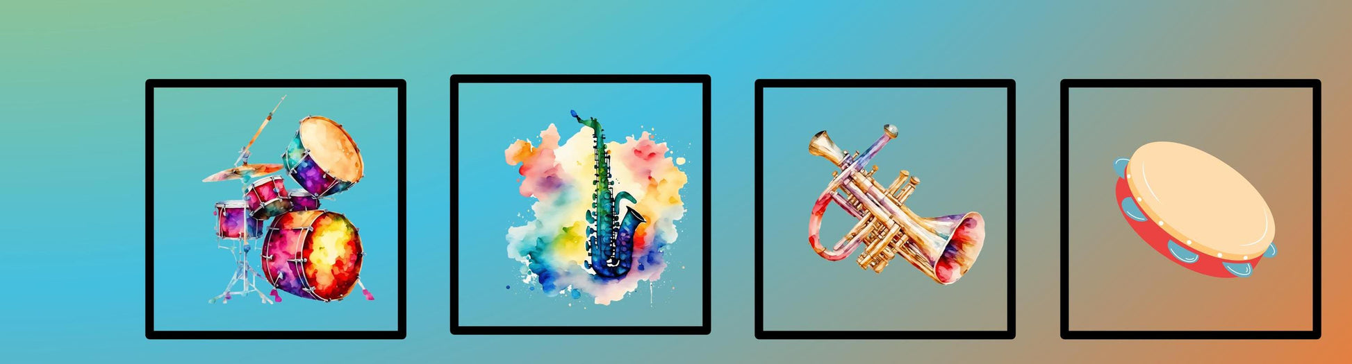 Watercolor-style illustration of a musical instrument or symbol against a solid color gradient background.