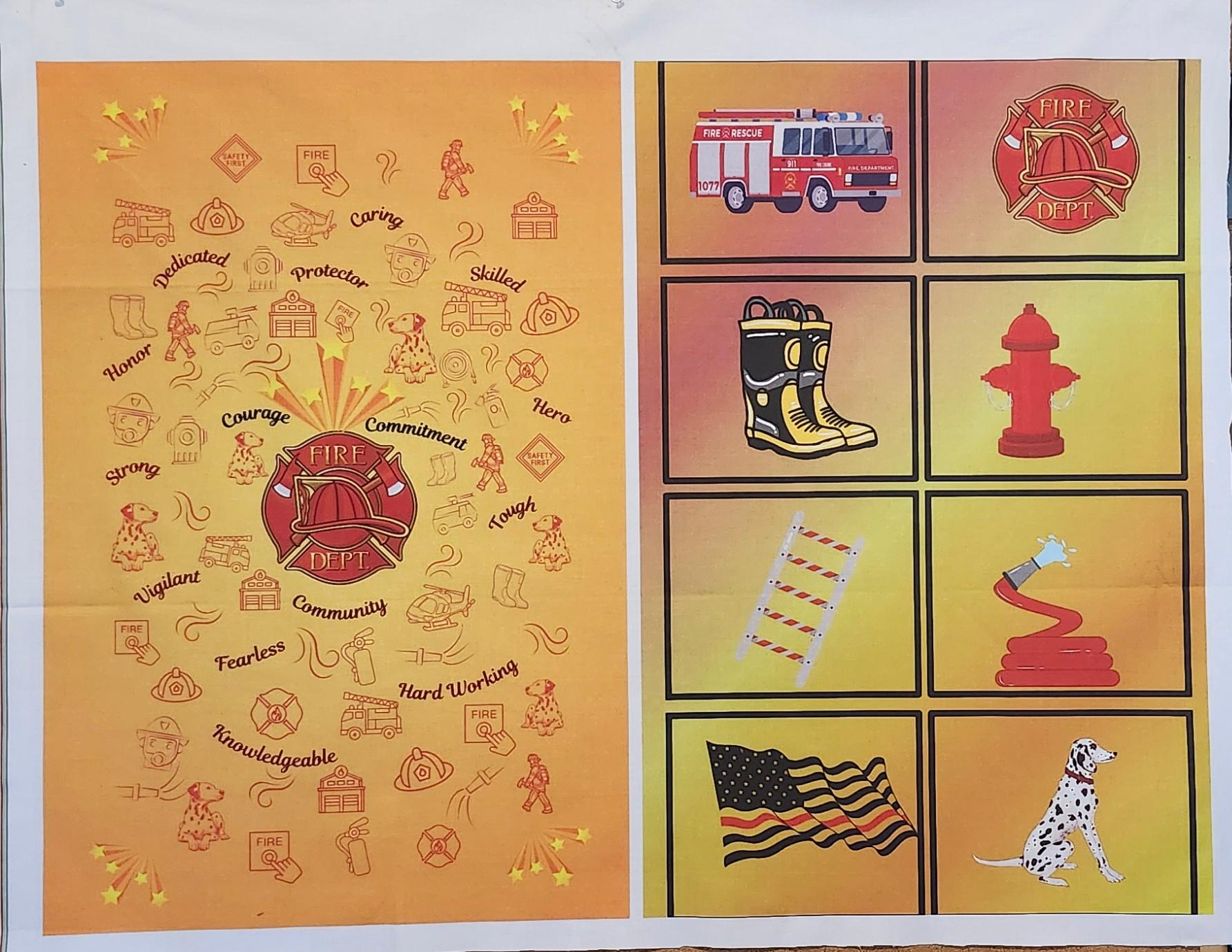 Fire-fighter related symbols and words arranged around a central fire fighter emblem. Design of words and symbols created in a circular design to signify unity. Designed to give honor and recognize the dedication given by these brave heros in life or as a celebration of life after passing.