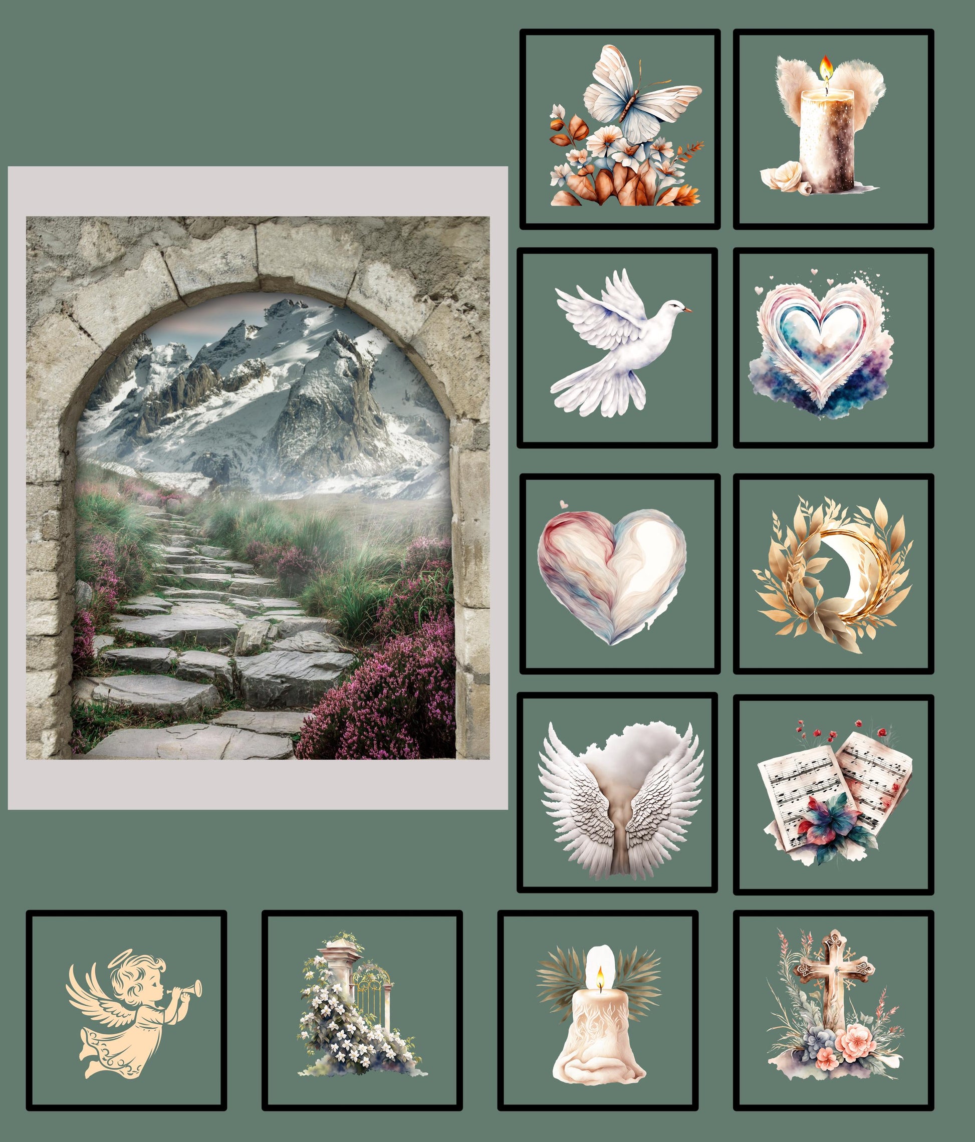 Focal point on the left is a panel with a carved rock arch as the entrance to the rock walkway beyond. The walkway leads up the grassy hill to the mountains beyond sort of like the saying walkway to heaven. Elegant but subdued grays, greens, burgandy and tan colors. This paired with the smaller pictures are something you might see at a religious event, for a service or celebration of life memorial.