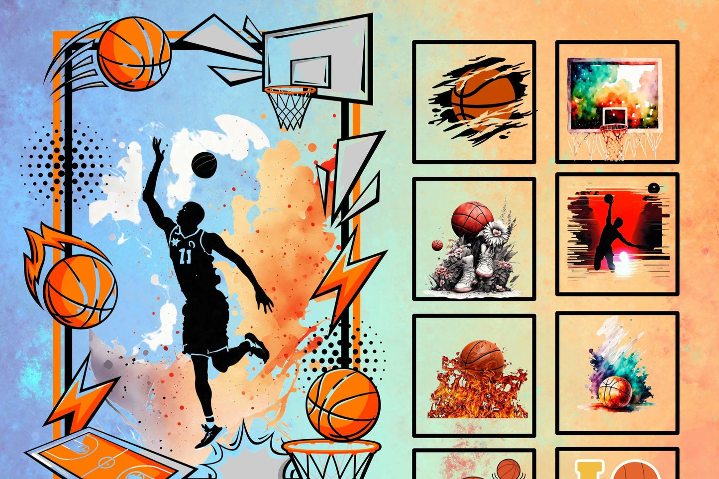 Basketball themed fabric panel with a dynamic basketball design, featuring a player in action, basketballs in motion, a scoreboard, and various interpretations of basketball elements. The background is a gradient color palette with light blue, light green and orange.
